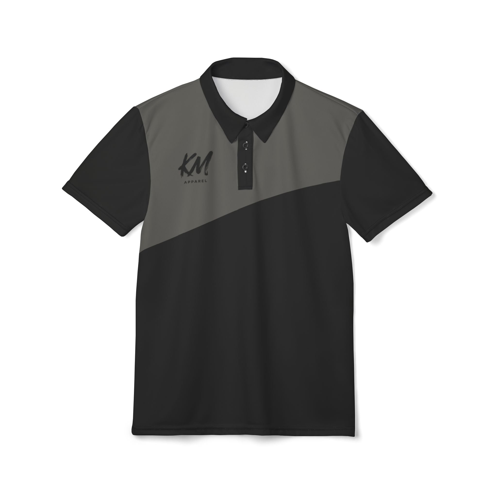 KM Apparel Premium Unisex Polo Shirt | Black & Charcoal Colorblock | All-Over Print | Casual Golf & Business Casual Tee