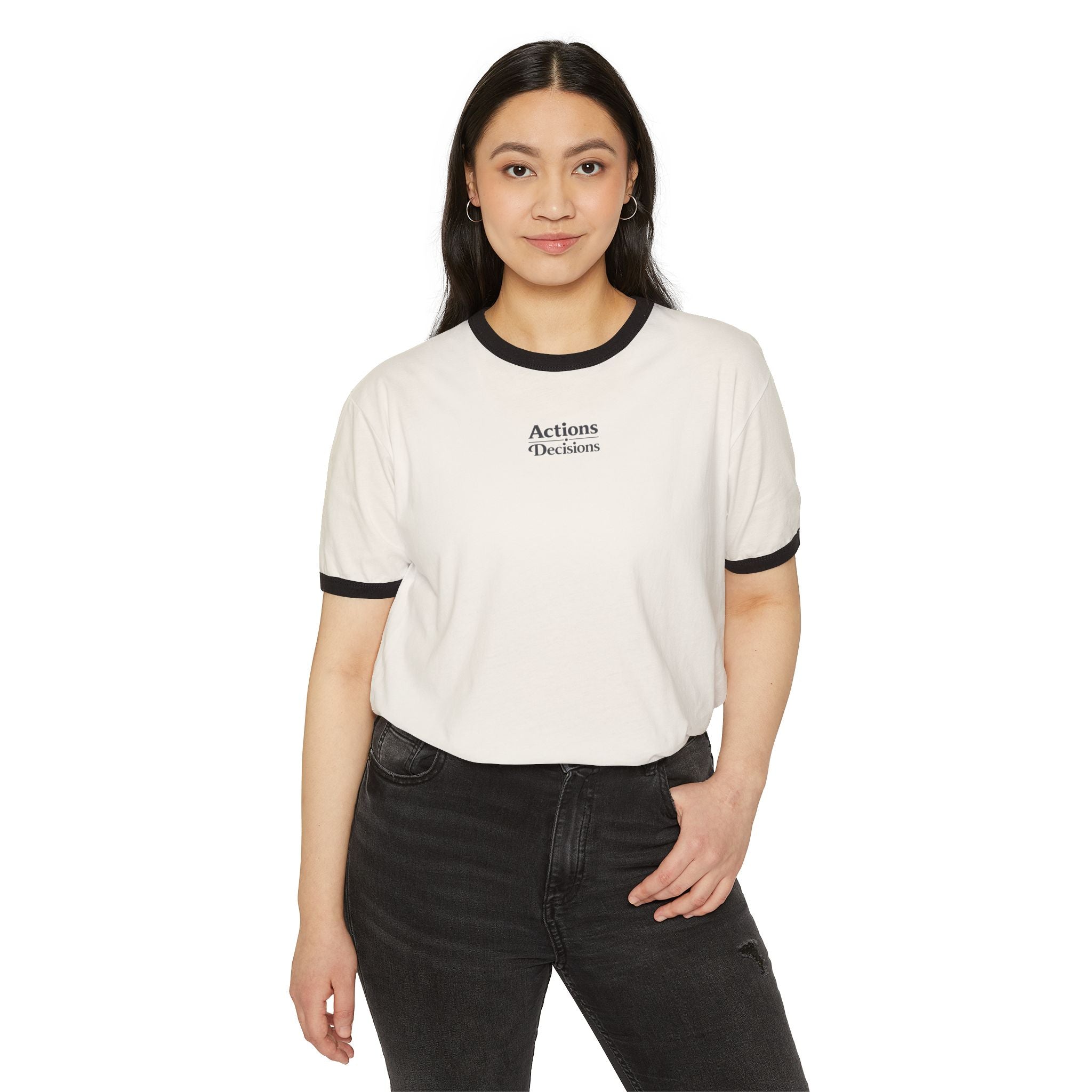 Actions Over Excuses Ringer T‑Shirt — Minimal Motivational Tee