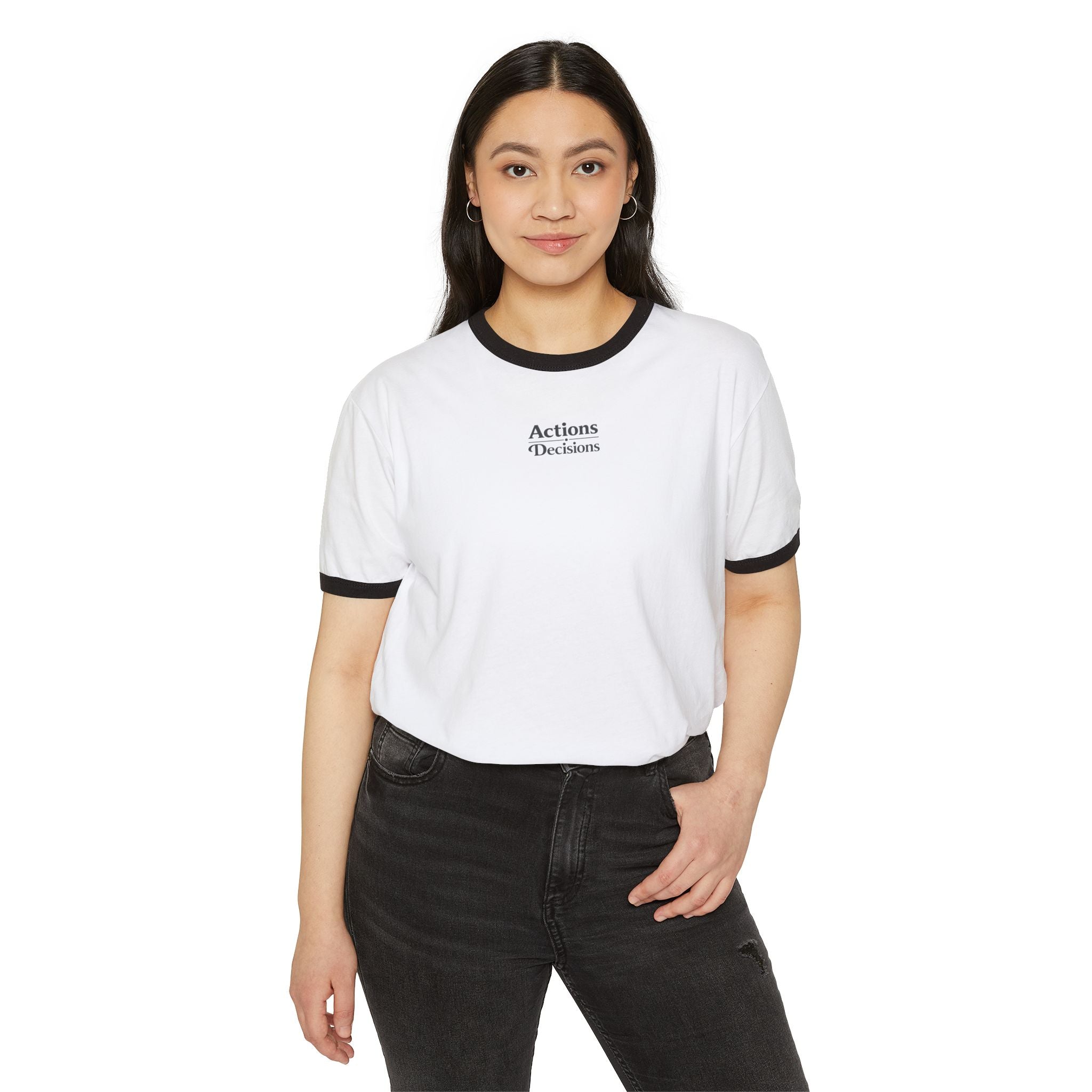 Actions Over Excuses Ringer T‑Shirt — Minimal Motivational Tee