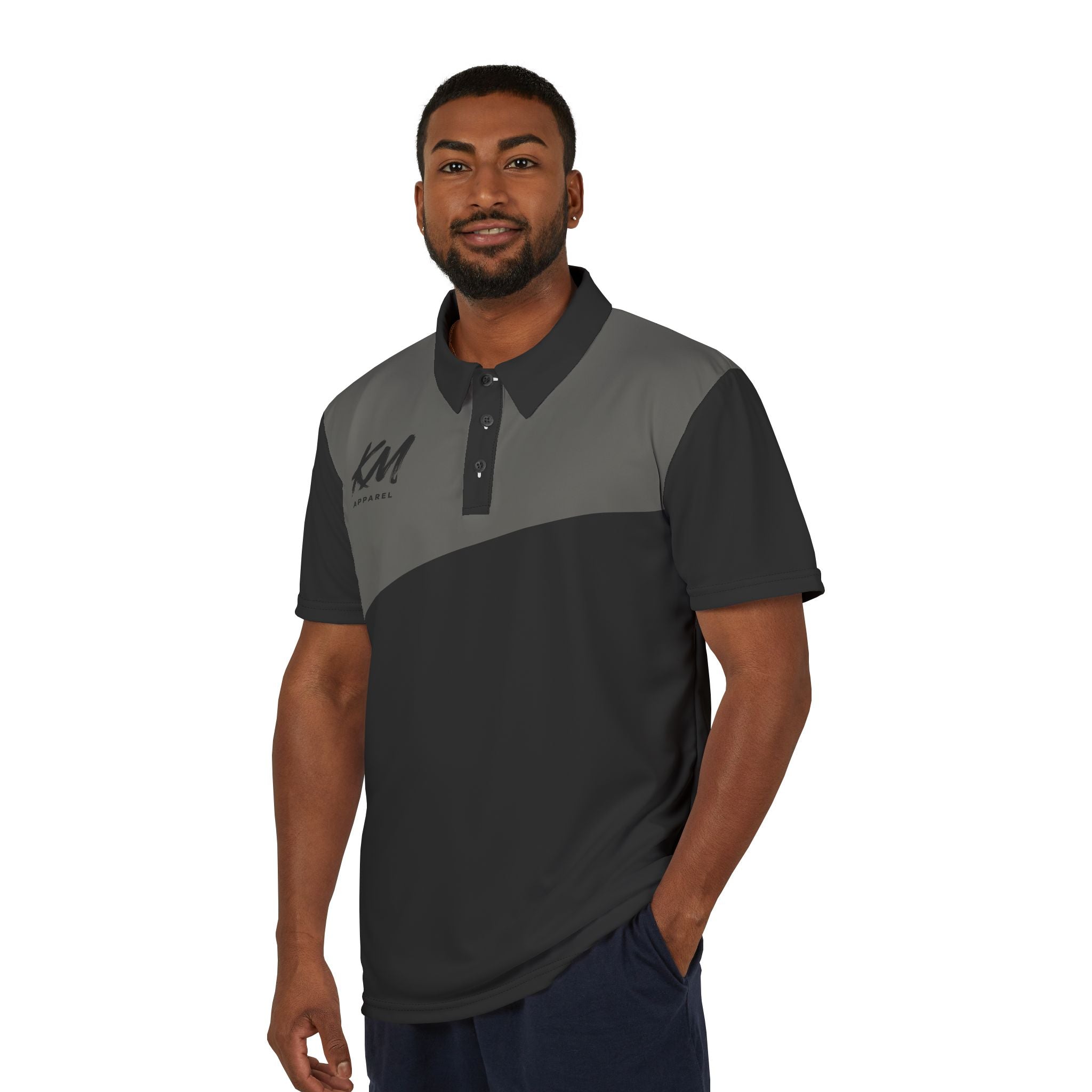 KM Apparel Premium Unisex Polo Shirt | Black & Charcoal Colorblock | All-Over Print | Casual Golf & Business Casual Tee